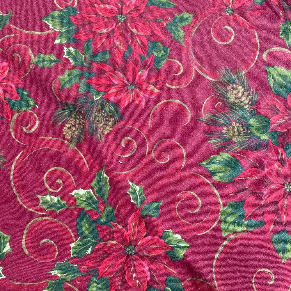 Christmas tablecloth thick cotton blend poinsettias red green gold vintage 1980s